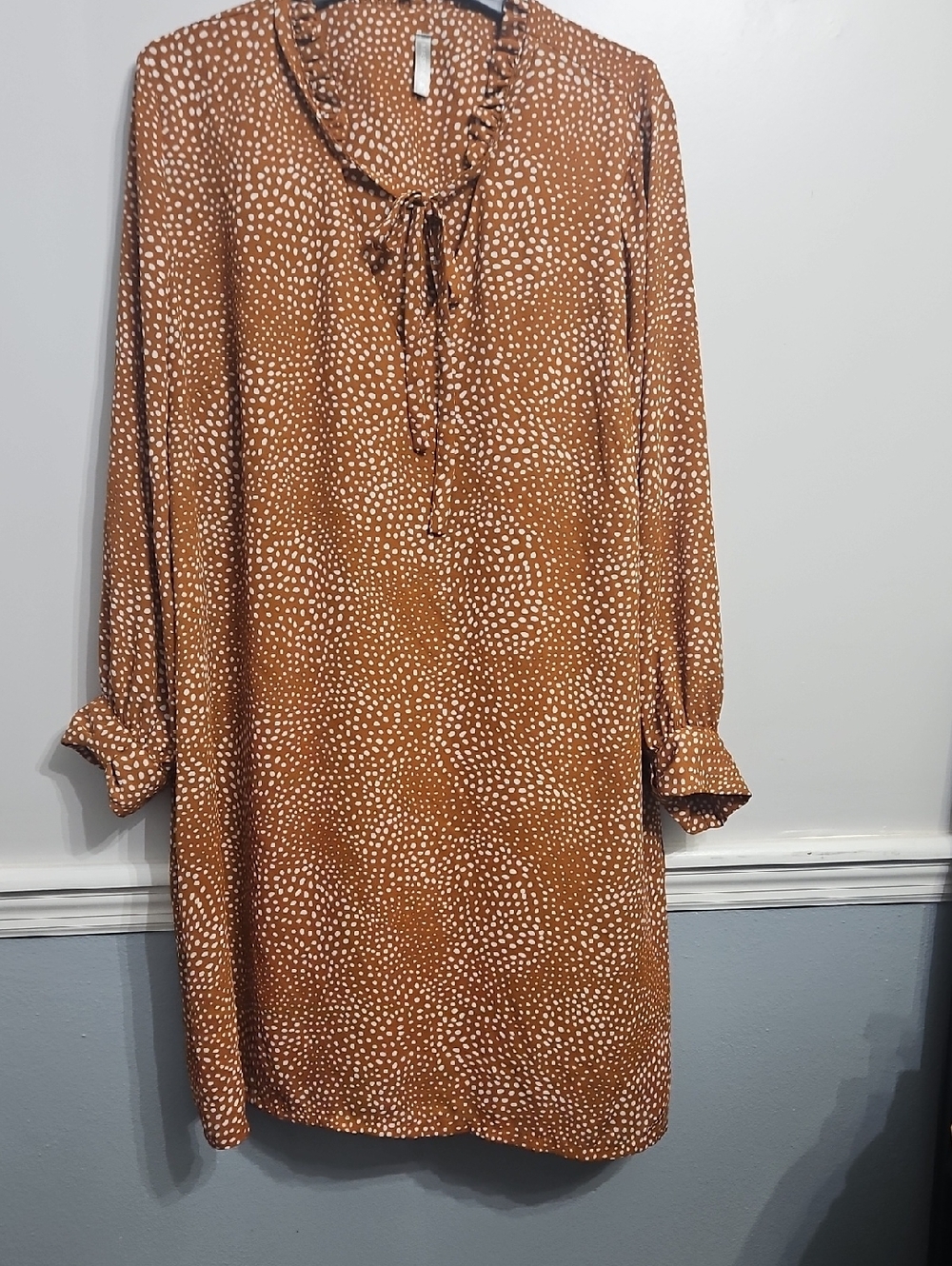 Massini Rust Dot Tie-Detail Long Sleeve Shift Dress